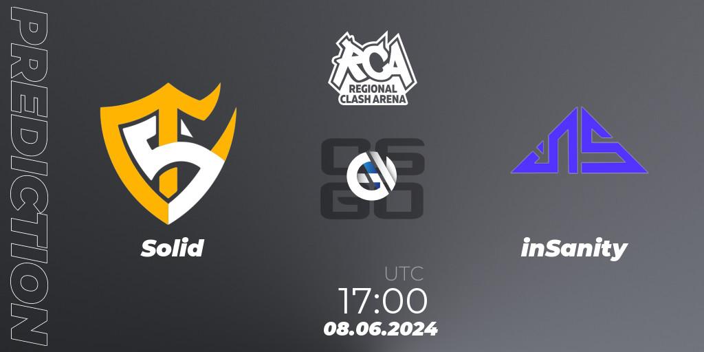 Solid vs inSanity: Betting TIp, Match Prediction. 08.06.2024 at 17:00. Counter-Strike (CS2), Regional Clash Arena South America