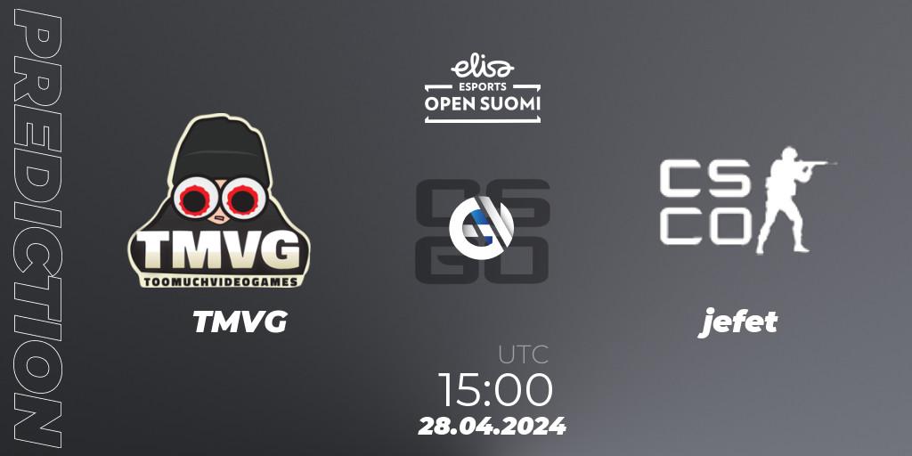 TMVG vs jefet: Betting TIp, Match Prediction. 28.04.2024 at 15:00. Counter-Strike (CS2), Elisa Open Suomi Season 6