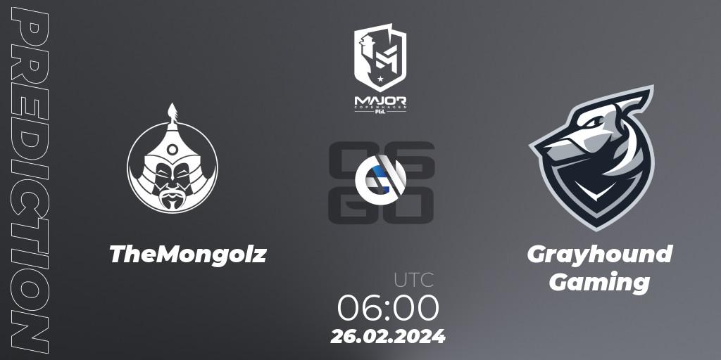 TheMongolz vs Grayhound Gaming: Betting TIp, Match Prediction. 26.02.2024 at 06:15. Counter-Strike (CS2), PGL CS2 Major Copenhagen 2024 Asia RMR