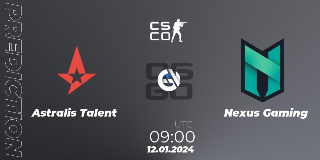 Astralis Talent vs Nexus Gaming: Betting TIp, Match Prediction. 12.01.2024 at 09:00. Counter-Strike (CS2), European Pro League Season 14: Division 2