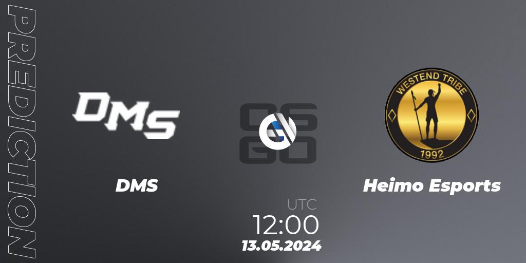 DMS vs Heimo Esports: Betting TIp, Match Prediction. 13.05.2024 at 12:25. Counter-Strike (CS2), CCT Season 2 Europe Series 4 Closed Qualifier