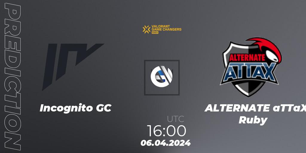Incognito GC vs ALTERNATE aTTaX Ruby: Betting TIp, Match Prediction. 06.04.2024 at 16:00. VALORANT, VCT 2024: Game Changers EMEA Contenders Series 1