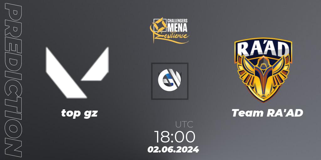 top gz vs Team RA'AD: Betting TIp, Match Prediction. 02.06.2024 at 18:00. VALORANT, VALORANT Challengers 2024 MENA: Resilience Split 2 - Levant and North Africa