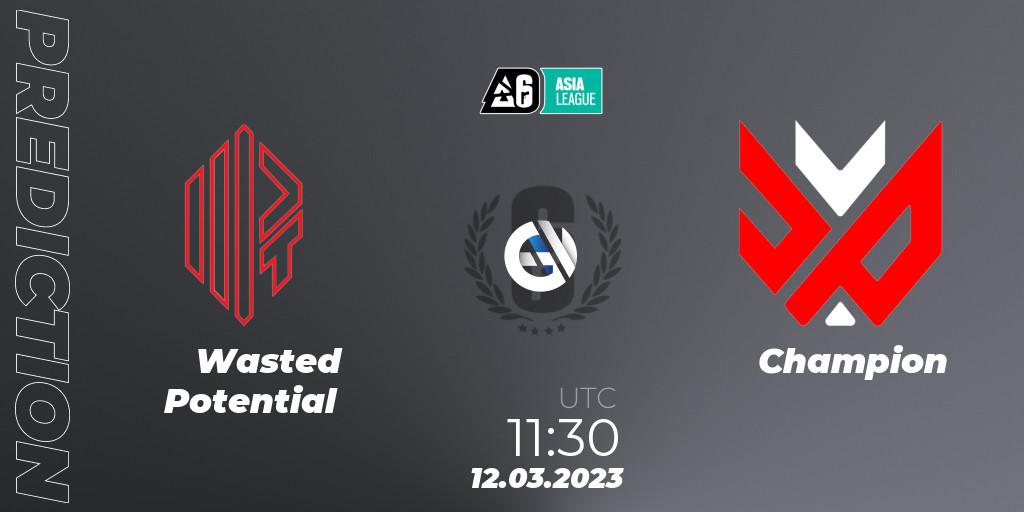 Wasted Potential vs Champion: Betting TIp, Match Prediction. 12.03.2023 at 11:30. Rainbow Six, SEA League 2023 - Stage 1
