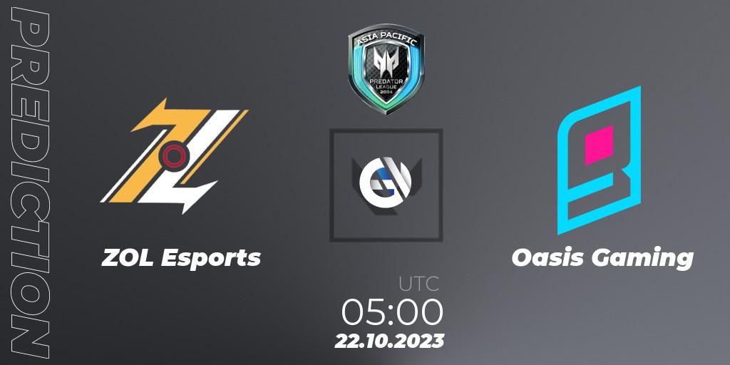 ZOL Esports vs Oasis Gaming: Betting TIp, Match Prediction. 22.10.2023 at 09:30. VALORANT, Predator League Philippines 2024