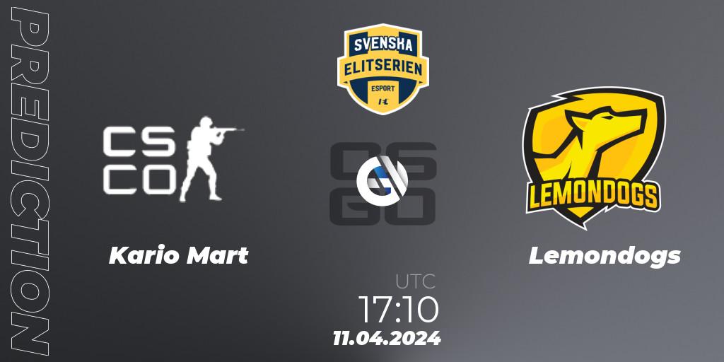 Kario Mart vs Lemondogs: Betting TIp, Match Prediction. 11.04.2024 at 17:10. Counter-Strike (CS2), Svenska Elitserien Spring 2024