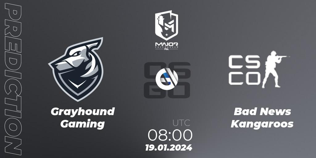 Grayhound Gaming vs Bad News KangaroosN: Betting TIp, Match Prediction. 19.01.2024 at 08:00. Counter-Strike (CS2), PGL CS2 Major Copenhagen 2024 Oceania RMR Closed Qualifier