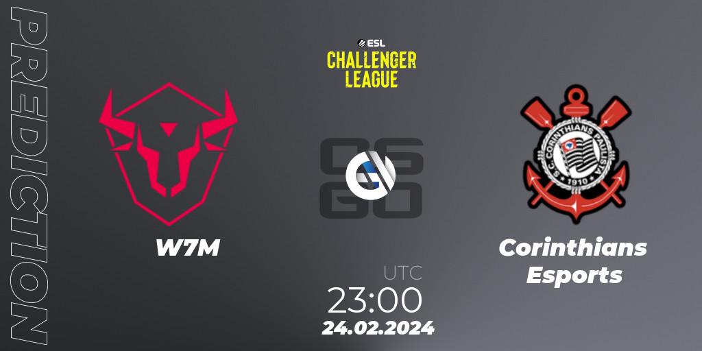 W7M vs Corinthians Esports: Betting TIp, Match Prediction. 24.02.2024 at 23:00. Counter-Strike (CS2), ESL Challenger League Season 47: South America