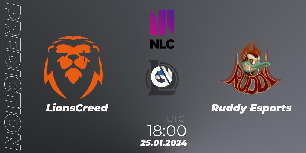 LionsCreed vs Ruddy Esports: Betting TIp, Match Prediction. 25.01.2024 at 19:00. LoL, NLC 1st Division Spring 2024