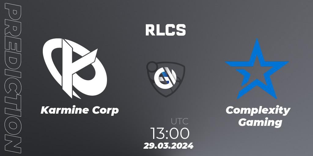 Karmine Corp vs Complexity Gaming: Betting TIp, Match Prediction. 29.03.2024 at 13:45. Rocket League, Rocket League Championship Series 2024 - Major 1