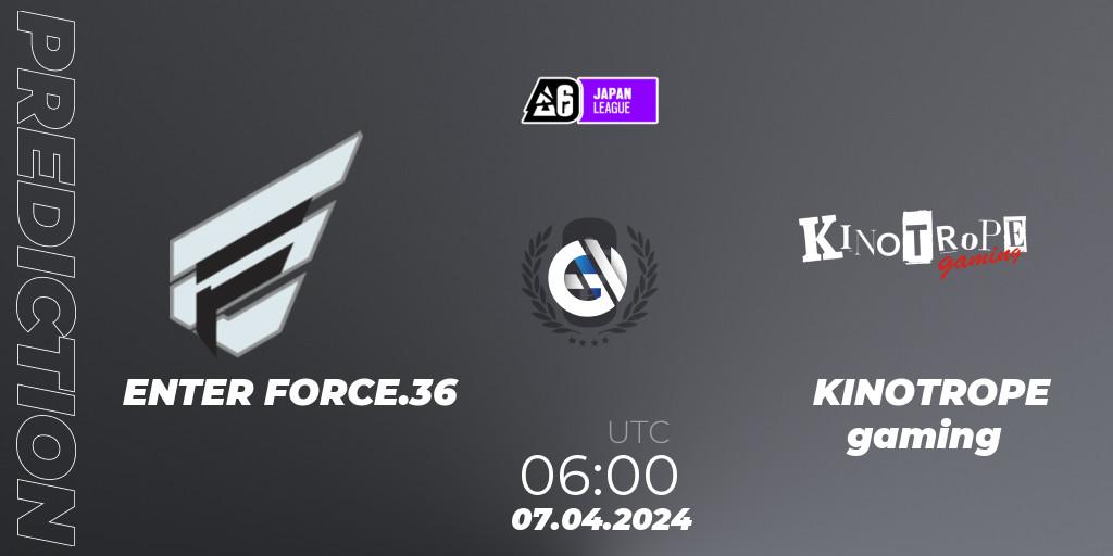 ENTER FORCE.36 vs KINOTROPE gaming: Betting TIp, Match Prediction. 07.04.2024 at 06:00. Rainbow Six, Japan League 2024 - Stage 1