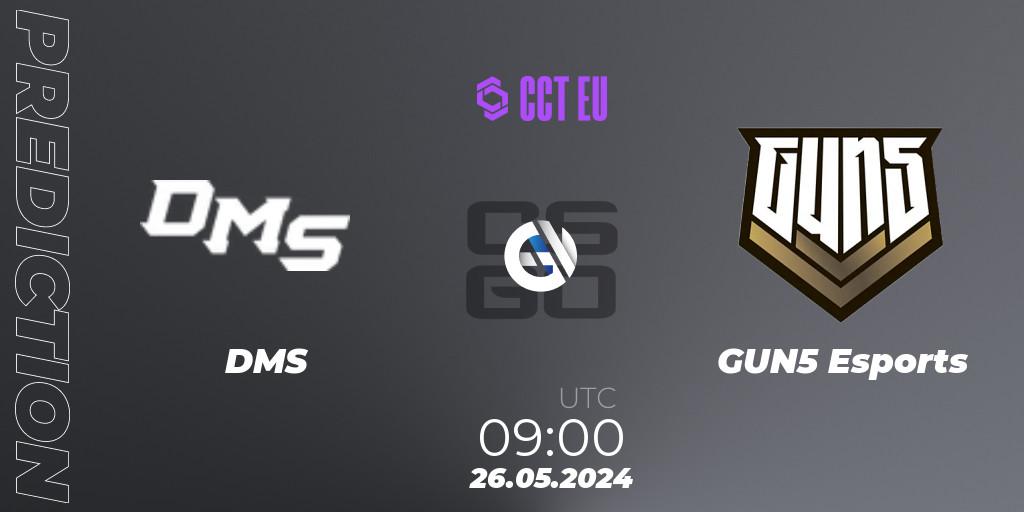 DMS vs GUN5 Esports: Betting TIp, Match Prediction. 26.05.2024 at 09:00. Counter-Strike (CS2), CCT Season 2 Europe Series 4