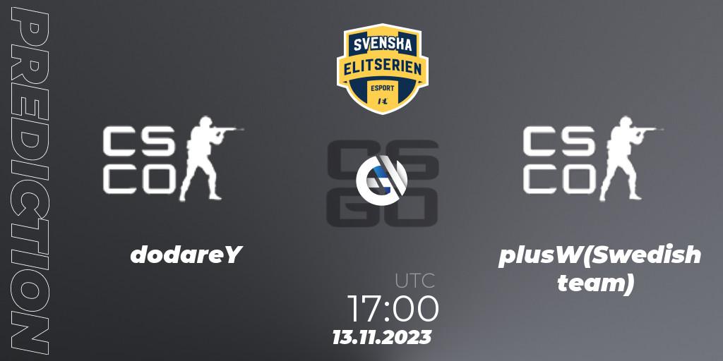 dodareY vs plusW(Swedish team): Betting TIp, Match Prediction. 13.11.23. CS2 (CS:GO), Svenska Elitserien Fall 2023: Online Stage