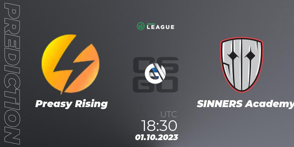Preasy Rising vs SINNERS Academy: Betting TIp, Match Prediction. 01.10.2023 at 18:30. Counter-Strike (CS2), ESEA Season 46: Main Division - Europe