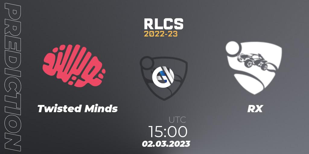 Twisted Minds vs RX: Betting TIp, Match Prediction. 02.03.2023 at 15:00. Rocket League, RLCS 2022-23 - Winter: Middle East and North Africa Regional 3 - Winter Invitational