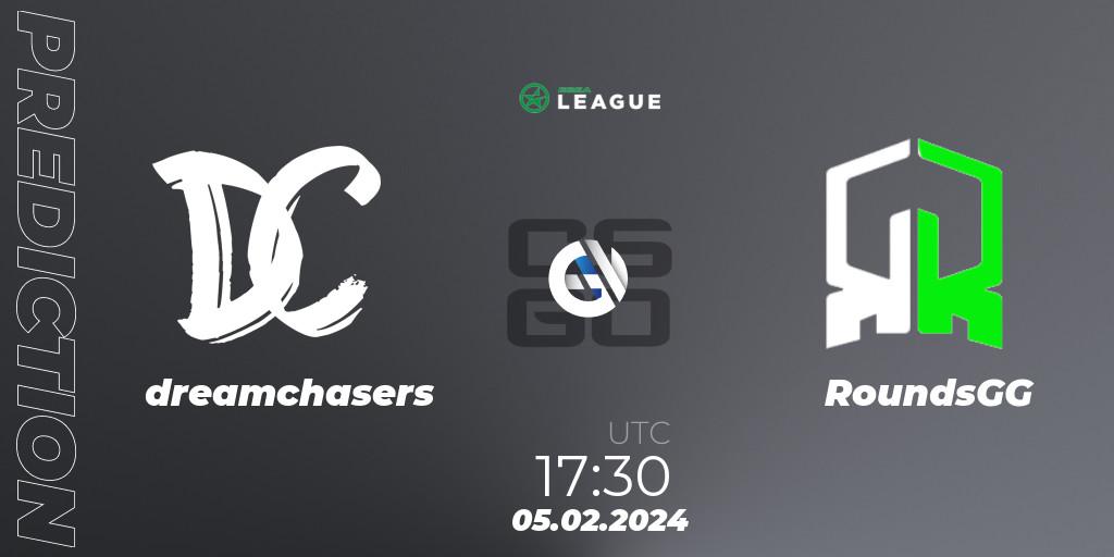 dreamchasers vs RoundsGG: Betting TIp, Match Prediction. 05.02.2024 at 17:30. Counter-Strike (CS2), ESEA Season 48: Advanced Division - Europe