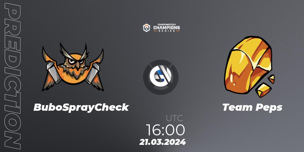 BuboSprayCheck vs Team Peps: Betting TIp, Match Prediction. 21.03.2024 at 16:00. Overwatch, Overwatch Champions Series 2024 - EMEA Stage 1 Main Event
