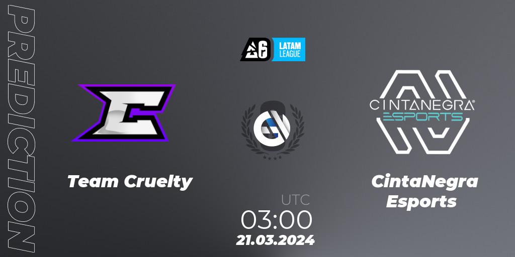 Team Cruelty vs CintaNegra Esports: Betting TIp, Match Prediction. 21.03.2024 at 03:00. Rainbow Six, LATAM League 2024 - Stage 1: LATAM North