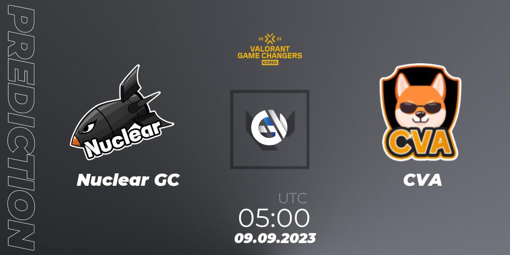 Nuclear GC vs CVA: Betting TIp, Match Prediction. 09.09.2023 at 05:00. VALORANT, VCT 2023: Game Changers Korea Stage 2