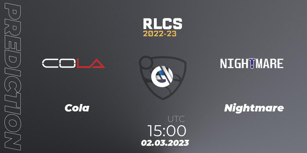 Cola vs Nightmare: Betting TIp, Match Prediction. 02.03.2023 at 15:00. Rocket League, RLCS 2022-23 - Winter: Middle East and North Africa Regional 3 - Winter Invitational