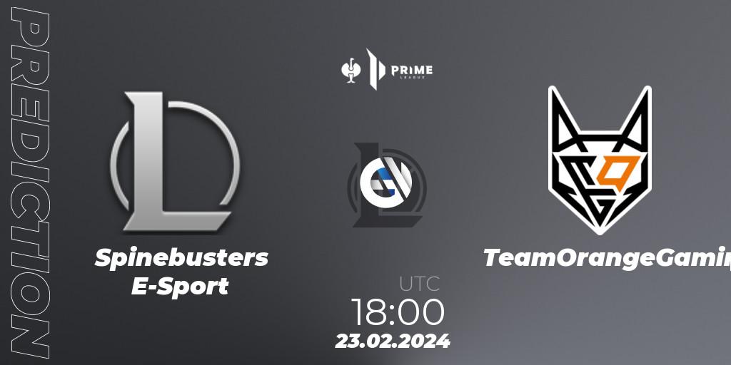 Spinebusters E-Sport vs TeamOrangeGaming: Betting TIp, Match Prediction. 23.02.2024 at 18:00. LoL, Prime League 2nd Division