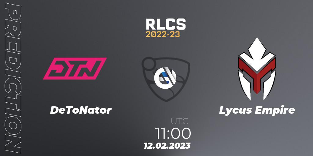DeToNator vs Lycus Empire: Betting TIp, Match Prediction. 12.02.2023 at 10:00. Rocket League, RLCS 2022-23 - Winter: Asia-Pacific Regional 2 - Winter Cup