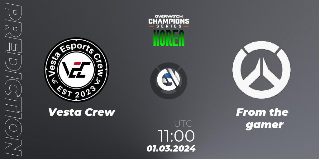 Vesta Crew vs From The Gamer: Betting TIp, Match Prediction. 01.03.2024 at 11:00. Overwatch, Overwatch Champions Series 2024 - Stage 1 Korea