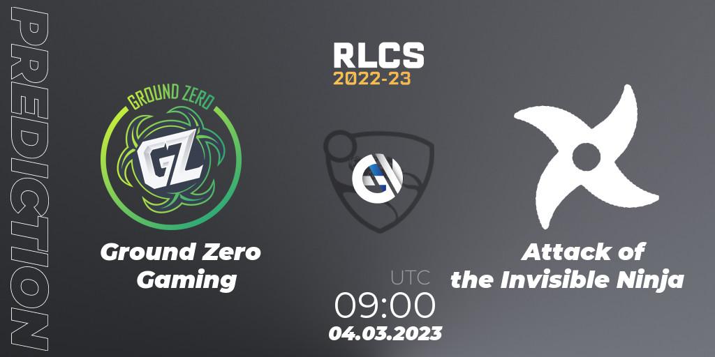 Ground Zero Gaming vs Attack of the Invisible Ninja: Betting TIp, Match Prediction. 04.03.2023 at 08:20. Rocket League, RLCS 2022-23 - Winter: Oceania Regional 3 - Winter Invitational