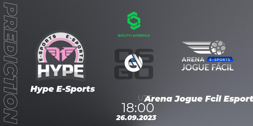 Hype E-Sports vs Arena Jogue Fácil Esports: Betting TIp, Match Prediction. 26.09.2023 at 18:00. Counter-Strike (CS2), CCT South America Series #12: Closed Qualifier