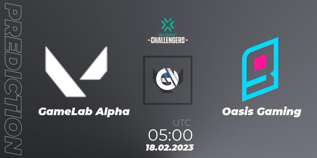 GameLab Alpha vs Oasis Gaming: Betting TIp, Match Prediction. 18.02.2023 at 05:00. VALORANT, VALORANT Challengers 2023: Philippines Split 1