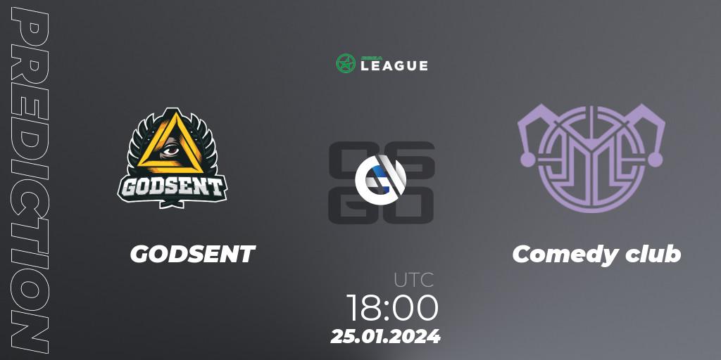 GODSENT vs Comedy club: Betting TIp, Match Prediction. 25.01.2024 at 18:00. Counter-Strike (CS2), ESEA Season 48: Advanced Division - Europe