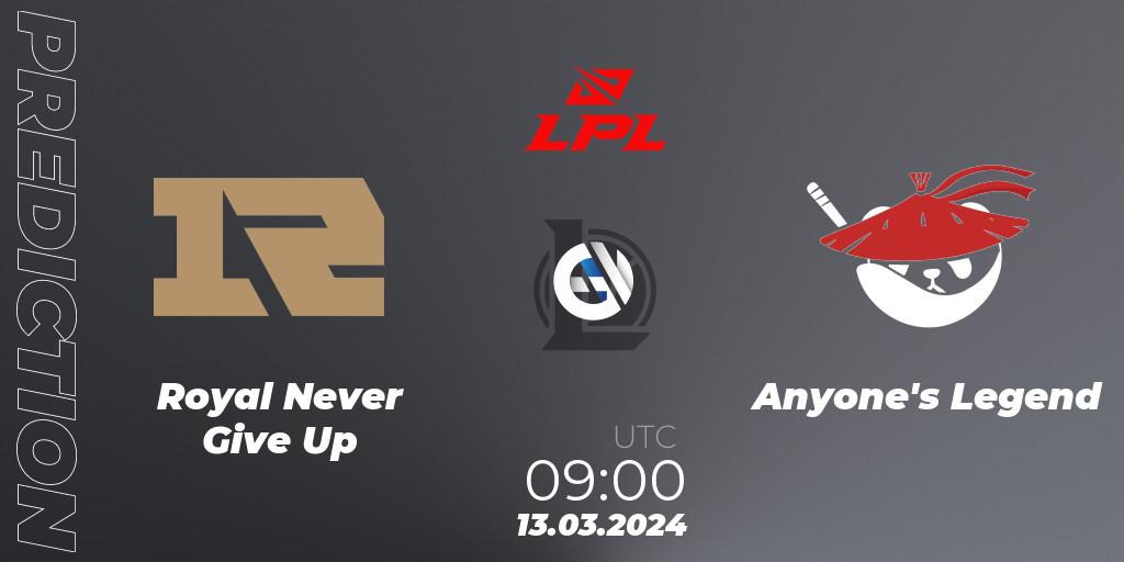 Royal Never Give Up vs Anyone's Legend: Betting TIp, Match Prediction. 13.03.24. LoL, LPL Spring 2024 - Group Stage