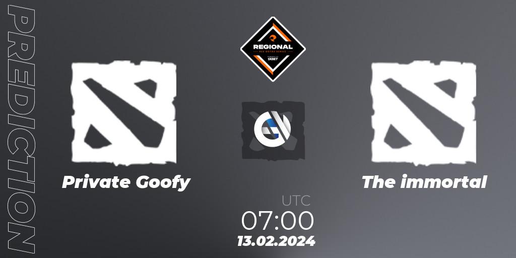 Private Goofy vs The immortal: Betting TIp, Match Prediction. 13.02.2024 at 08:00. Dota 2, RES Regional Series: SEA #1