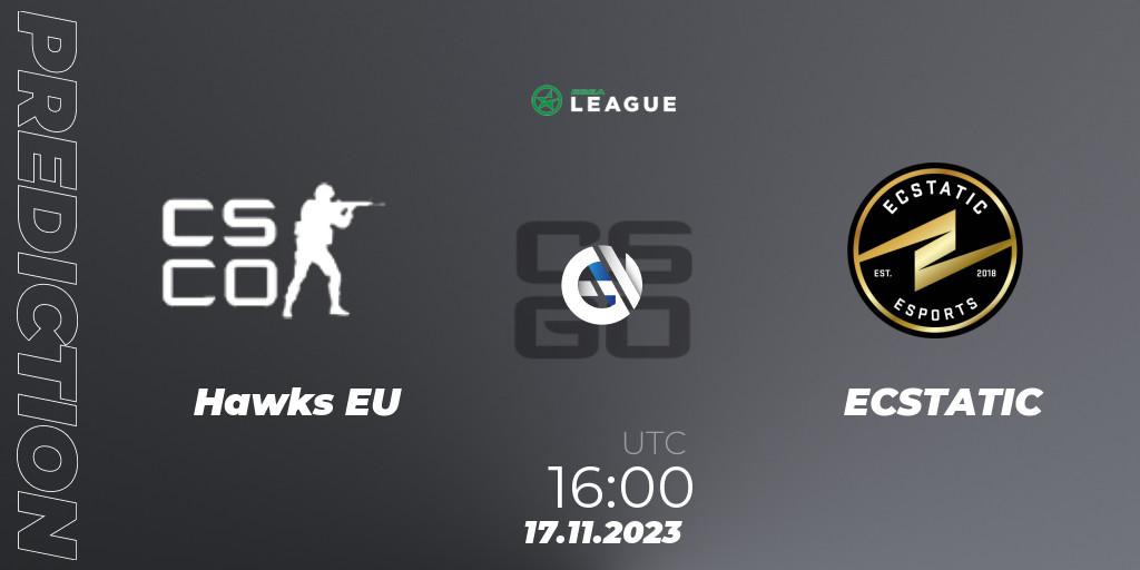 Hawks EU vs ECSTATIC: Betting TIp, Match Prediction. 17.11.2023 at 19:00. Counter-Strike (CS2), ESEA Season 47: Advanced Division - Europe