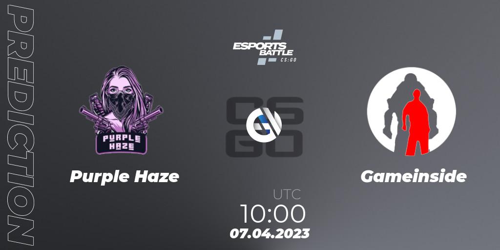 Purple Haze vs Gameinside: Betting TIp, Match Prediction. 07.04.2023 at 10:00. Counter-Strike (CS2), ESportsBattle Season 15