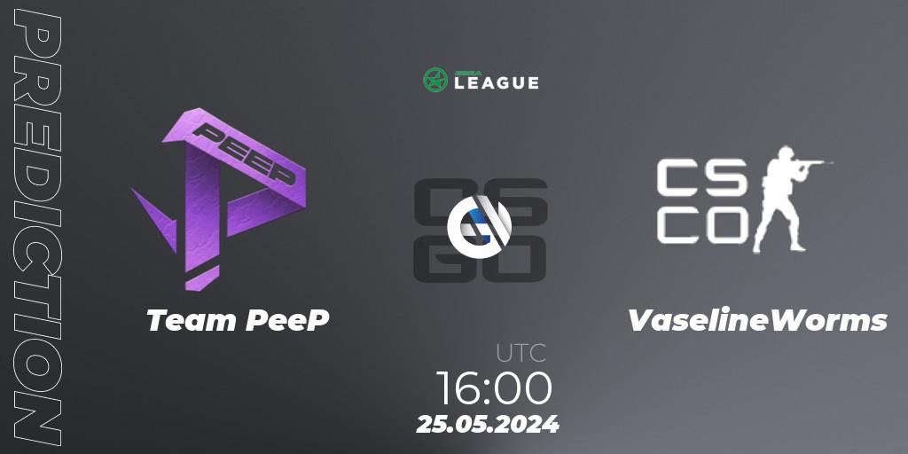 Team PeeP vs VaselineWorms: Betting TIp, Match Prediction. 25.05.2024 at 18:00. Counter-Strike (CS2), ESEA Season 49: Advanced Division - Europe