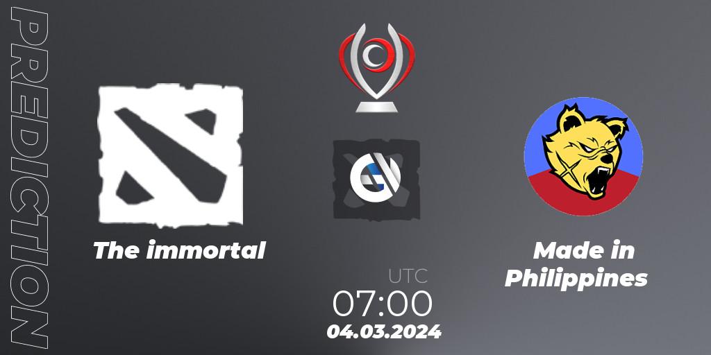 The immortal vs Made in Philippines: Betting TIp, Match Prediction. 04.03.2024 at 07:00. Dota 2, Opus League