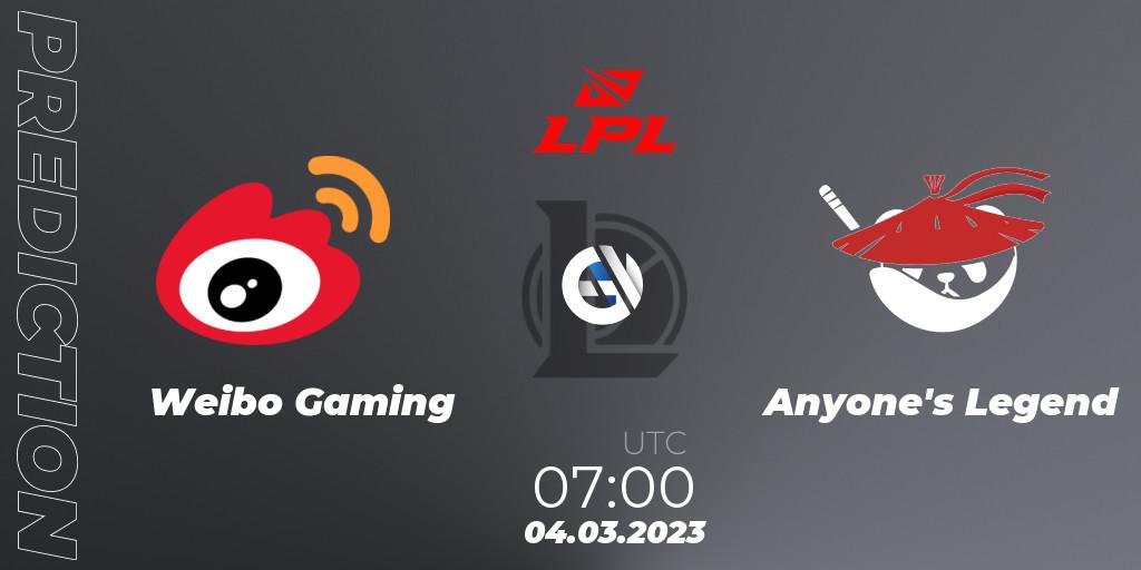 Weibo Gaming vs Anyone's Legend: Betting TIp, Match Prediction. 04.03.23. LoL, LPL Spring 2023 - Group Stage