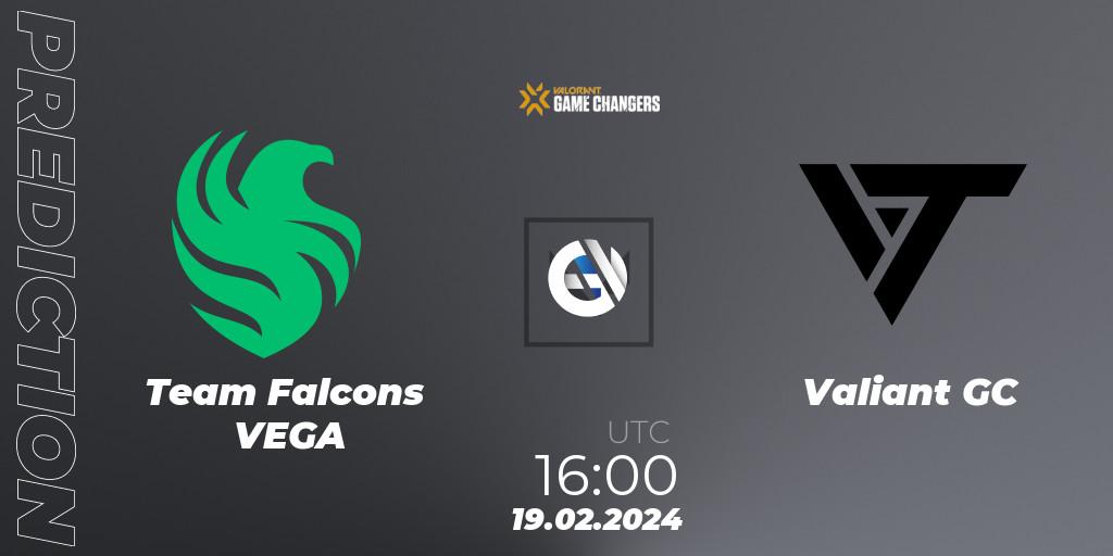 Team Falcons VEGA vs Valiant GC: Betting TIp, Match Prediction. 19.02.2024 at 16:00. VALORANT, VCT 2024: Game Changers EMEA Stage 1