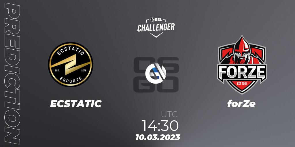 ECSTATIC vs forZe: Betting TIp, Match Prediction. 10.03.2023 at 14:30. Counter-Strike (CS2), ESL Challenger Melbourne 2023 Europe Closed Qualifier