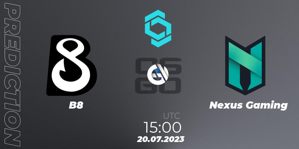 B8 vs Nexus Gaming: Betting TIp, Match Prediction. 20.07.2023 at 16:10. Counter-Strike (CS2), CCT North Europe Series #6