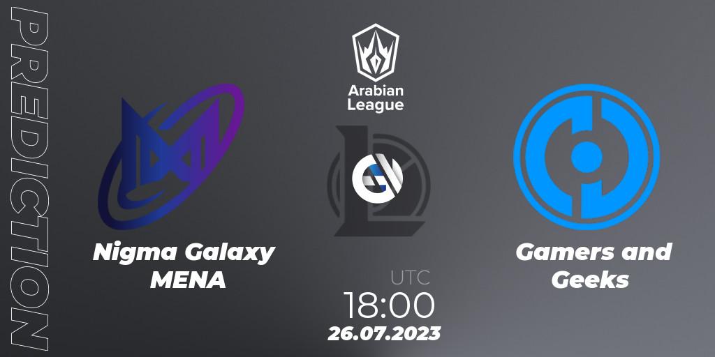 Nigma Galaxy MENA vs Gamers and Geeks: Betting TIp, Match Prediction. 26.07.23. LoL, Arabian League Summer 2023 - Group Stage