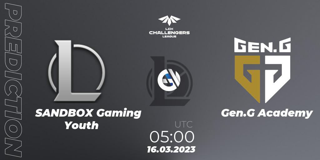 SANDBOX Gaming Youth vs Gen.G Academy: Betting TIp, Match Prediction. 16.03.2023 at 05:00. LoL, LCK Challengers League 2023 Spring