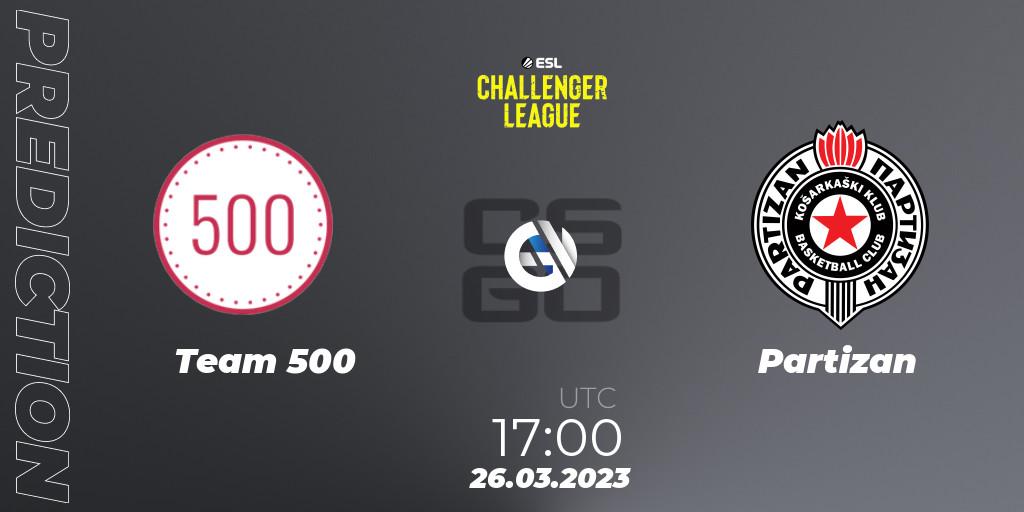 Team 500 vs Partizan: Betting TIp, Match Prediction. 26.03.2023 at 14:00. Counter-Strike (CS2), ESL Challenger League Season 44 Relegation: Europe