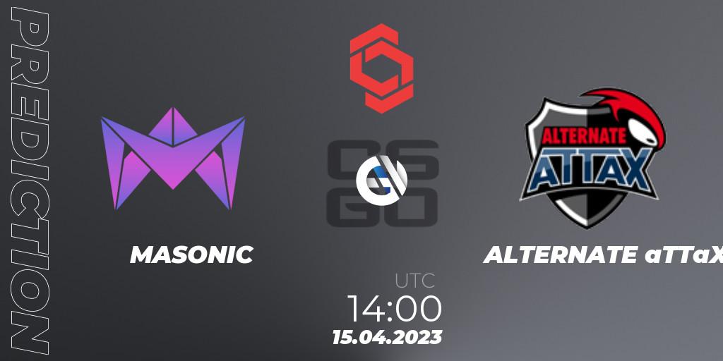 MASONIC vs ALTERNATE aTTaX: Betting TIp, Match Prediction. 15.04.2023 at 14:50. Counter-Strike (CS2), CCT Central Europe Series #6: Closed Qualifier