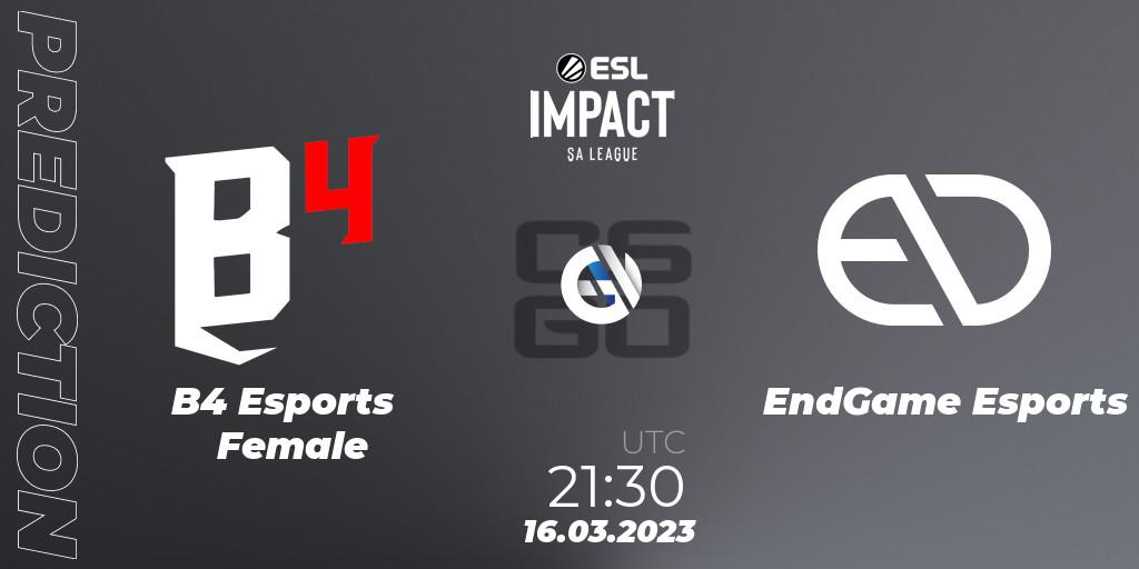 B4 Esports Female vs EndGame Esports: Betting TIp, Match Prediction. 16.03.23. CS2 (CS:GO), ESL Impact League Season 3: South American Division