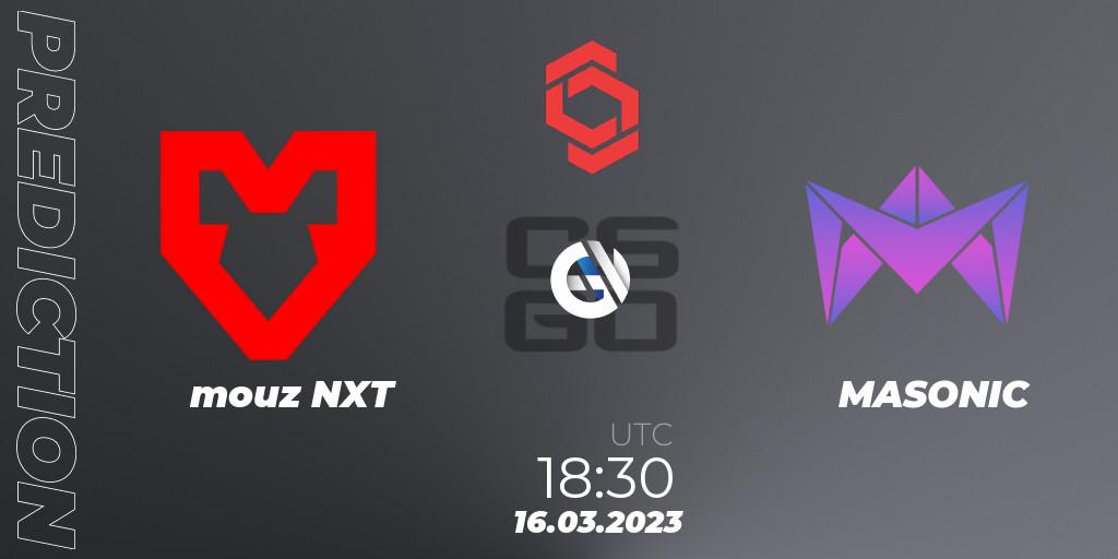 mouz NXT vs MASONIC: Betting TIp, Match Prediction. 16.03.2023 at 18:30. Counter-Strike (CS2), CCT Central Europe Series 5 Closed Qualifier