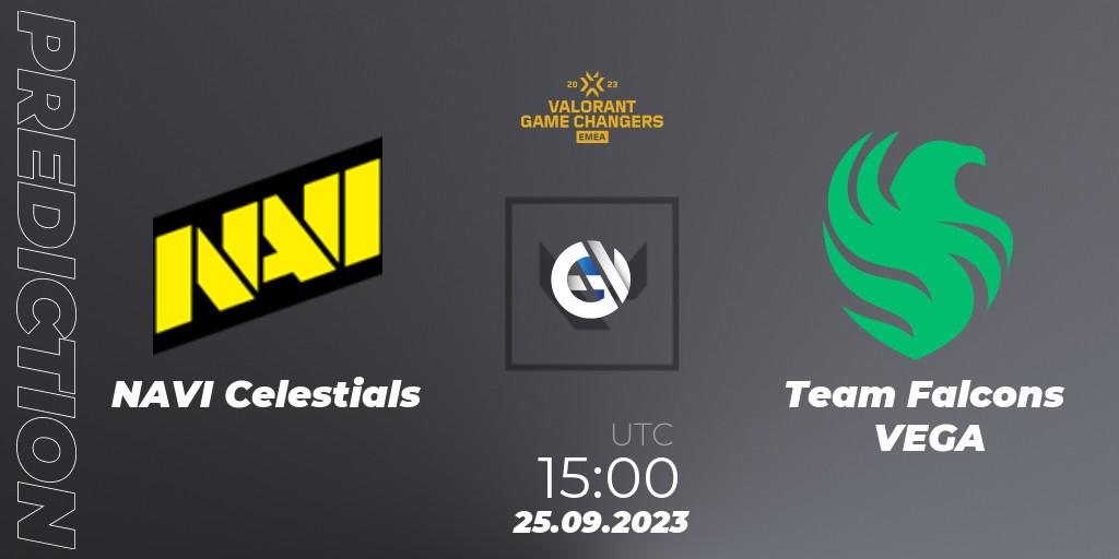 NAVI Celestials vs Team Falcons VEGA: Betting TIp, Match Prediction. 25.09.2023 at 15:00. VALORANT, VCT 2023: Game Changers EMEA Stage 3 - Group Stage