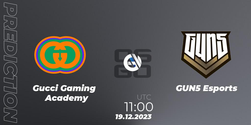 Gucci Gaming Academy vs GUN5 Esports: Betting TIp, Match Prediction. 19.12.2023 at 11:00. Counter-Strike (CS2), 22BET Christmas Cup 2023