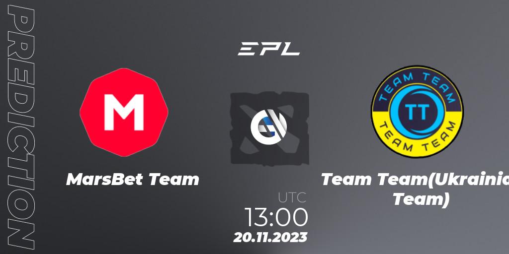 MarsBet Team vs Team Team(Ukrainian Team): Betting TIp, Match Prediction. 20.11.2023 at 13:01. Dota 2, European Pro League Season 14